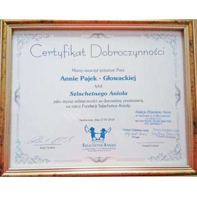 Certyfikat Dobroczynności przyznany Annie Pajek-Głowackiej z tytułem "Szlachetnego Anioła" za darowiznę przekazaną na rzecz Fundacji Szlachetne Anioły. Data i miejsce: Sandomierz, 17 lipca 2018.
