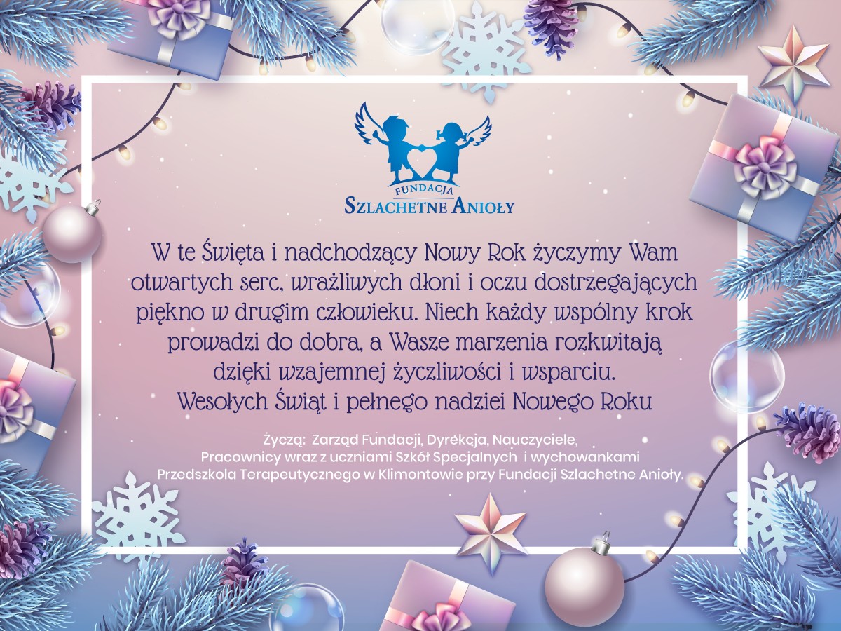Karta świąteczna Szlachetne Anioły z dekoracjami gałązek, śnieżynek i prezentów.