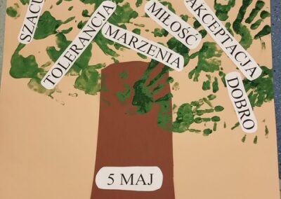 Plakat z drzewem z zielonych odcisków dłoni i słowami na Dzień Godności Osób z Niepełnosprawnością Intelektualną.
